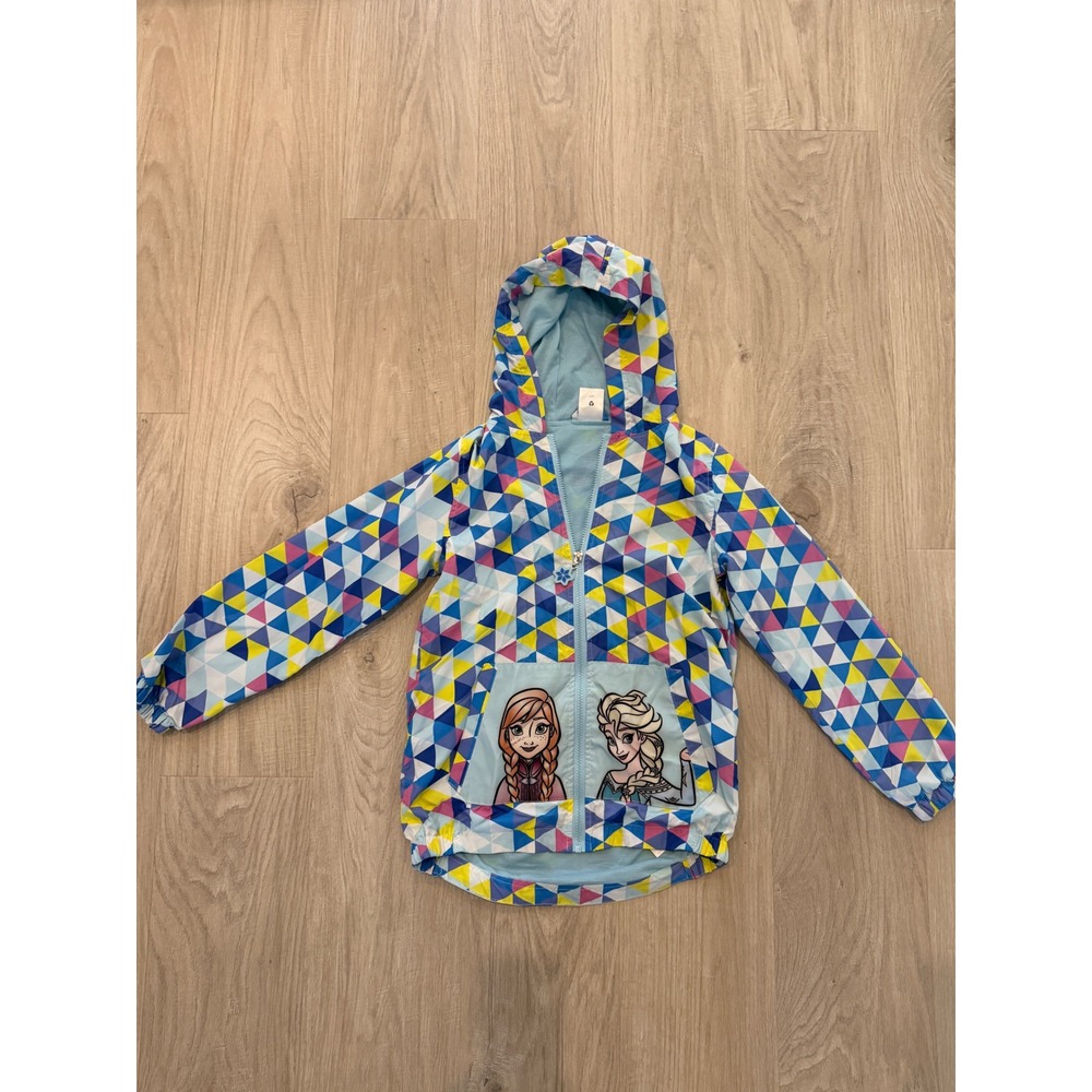 Disney Windbreaker Kids 9/10 Blue Frozen Anna Elsa Geometric Hooded Jacket